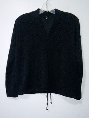 Women's Black V-Neck Drawstring Sweater Top